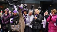 Campaigners for Women Against State Pension Inequality Campaign (Waspis) gather at the statue of political activist Mary Barbour, the woman who led rent strikes during the First World War, in Govan, Glasgow, to mark International Women&#39;s Day. Picture date: Friday August 18, 2023. PA Photo. See PA story SOCIAL Women. Photo credit should read: Andrew Milligan/PA Wire