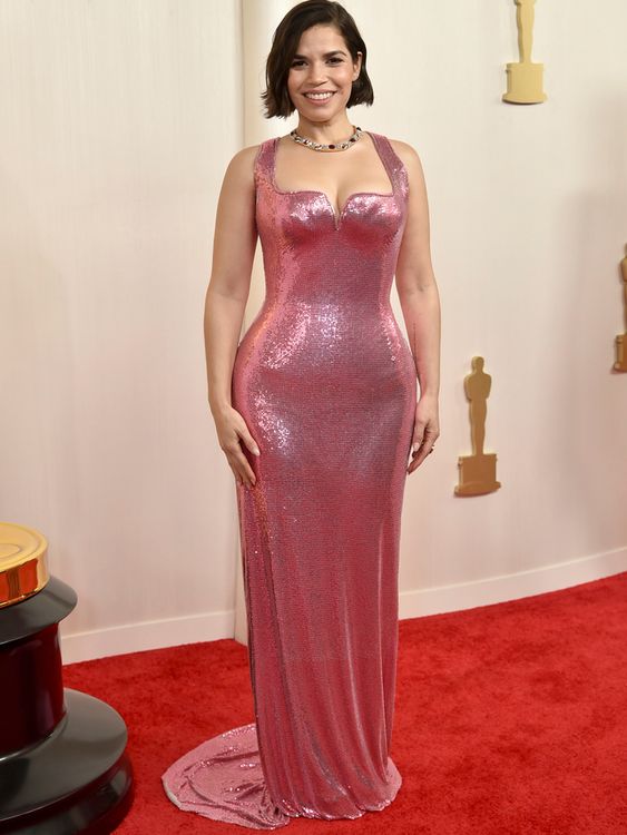 America Ferrera - who&#39;s nominated for best supporting actress - in sparkly pink, a tribute to Barbie of course. Pic: AP