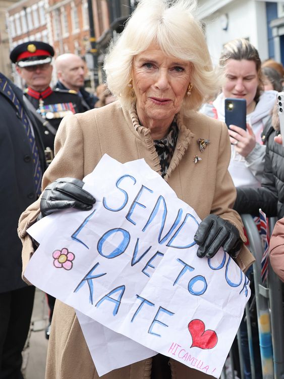 Queen Camilla meets well-wishers during a visit to the Farmers&#39; Market in The Square, Shrewsbury, in Shropshire. Picture date: Wednesday March 27, 2024.