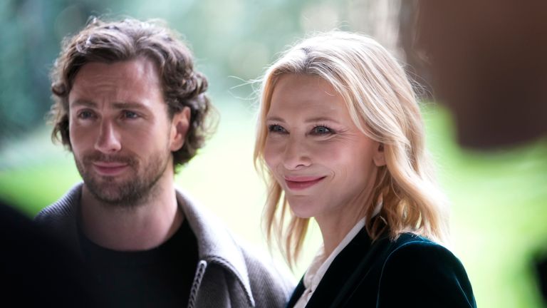 Aaron Taylor-Johnson with Cate Blanchett at the Giorgio Armani women&#39;s Fall-Winter 2024-25 collection show. Pic: AP