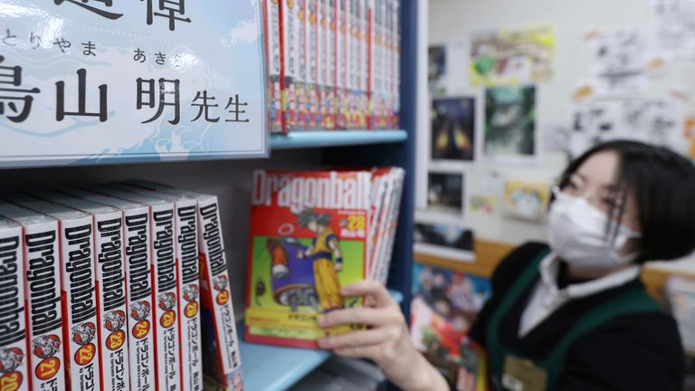 A Bookstore sets a memorial corner for Japanese manga artist Akira Toriyama in Toshima Ward, Tokyo on March 8, 2024. Akira Toriyama who is famous for manga series Dr. Slump, Dragon Ball passed away at the age of 68 on March 1st, 2024. Toriyama was also a character designer for video games such as the Dragon Quest series.( The Yomiuri Shimbun via AP Images )