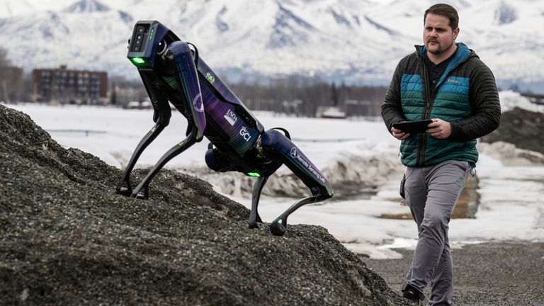 Alaska Department of Transportation program manager Ryan Marlow demonstrates the agency's robotic dog in Anchorage, Alaska, on March 26, 2024. The device will be camouflaged as a coyote or fox to ward off migratory birds and other wildlife at Alaska's second largest airport, the DOT said. (Marc Lester/Anchorage Daily News via AP)