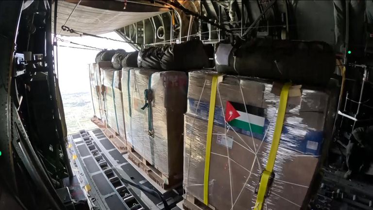 Crates of aid ready to be dropped over the Gaza Strip from a C130 Hercules.