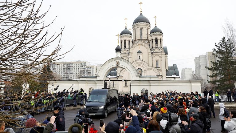 Pic: Reuters
A hearse, which reportedly transports a coffin with the body of Russian opposition politician Alexei Navalny, is parked outside the Soothe My Sorrows church before a funeral service and farewell ceremony in Moscow, Russia, March 1, 2024. REUTERS/Stringer