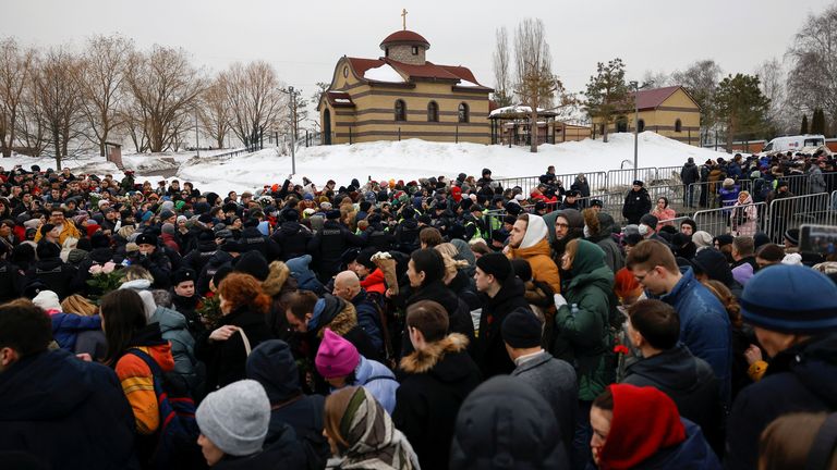 Pic: Reuters
People gather near the Borisovskoye cemetery during the funeral of Russian opposition politician Alexei Navalny in Moscow, Russia, March 1, 2024. REUTERS/Stringer
