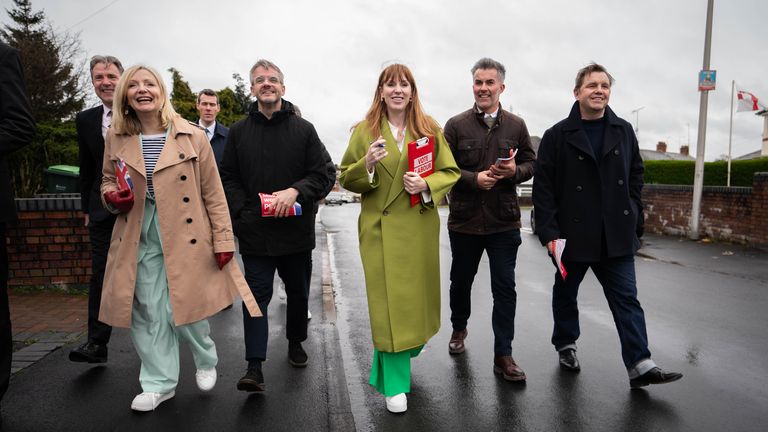 Deputy Labour Party leader Angela Rayner out canvassing on the streets of Birmingham during her meeting with Labour mayors and mayoral candidates. Pic:PA
