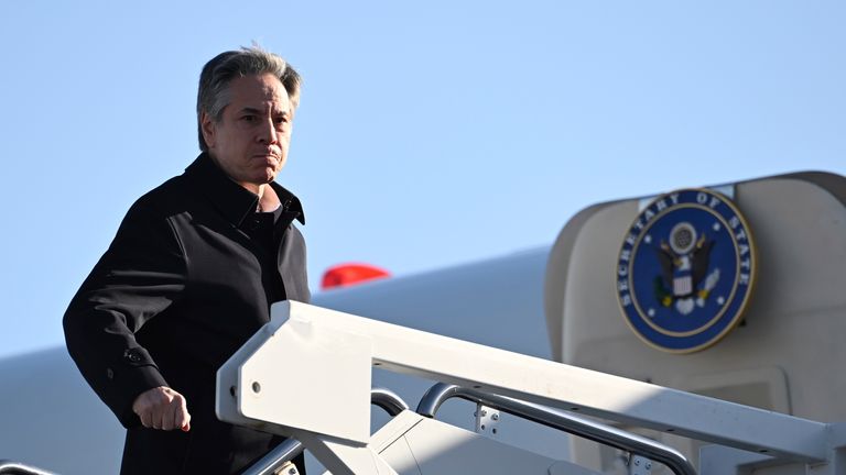 Secretary of State Antony Blinken boards a plane to Jamaica. Pic: AP