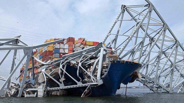 The ship crashed into the Francis Scott Key Bridge causing it to collapse in Baltimore. Pic: Reuters