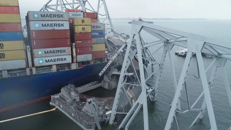 Drone footage from the National Transport Safety Board showed workers assessing the container ship where they gathered evidence and interviewed crew members.