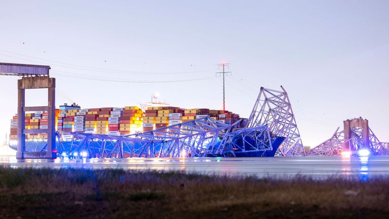 Pic: Jim Lo Scalzo/EPA-EFE/Shutterstock

Baltimore bridge collapses after being hit by cargo ship, USA - 26 Mar 2024
The Francis Scott Key Bridge rests partially collapsed after a container ship ran into it in Baltimore, Maryland, USA, 26 March 2024. 