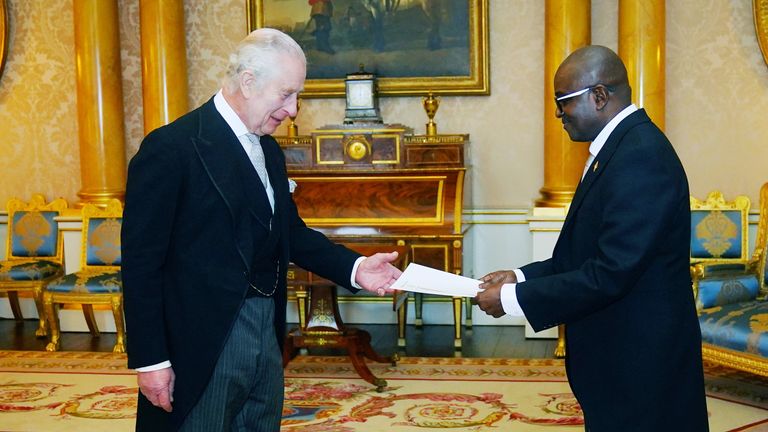 King Charles III meets the  Ambassador of Burundi, Epimeni Bapfinda.
Pic: PA
