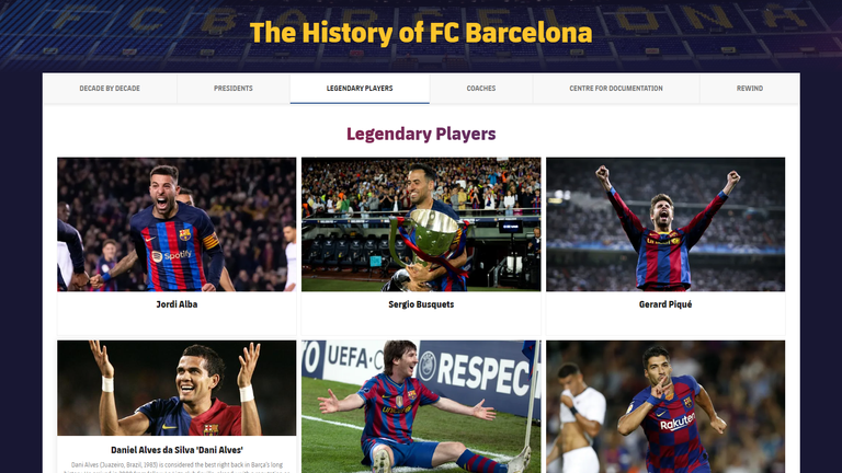 A screenshot of FC Barcelona&#39;s &#39;Legendary Players&#39; webpage, which features Dani Alves. Pic: FC Barcelona