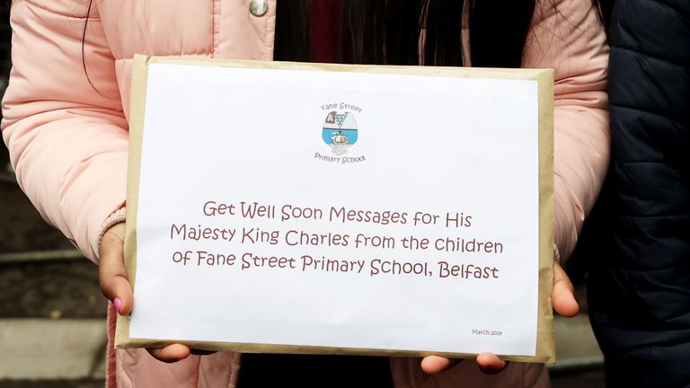 Queen Camilla recieves a message of goodwill during a visit to Lisburn Road in Belfast.
Pic: PA
