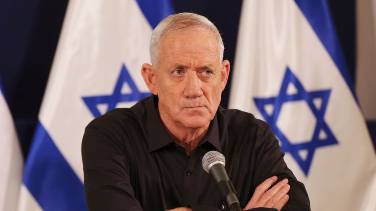 FILE - Israeli Cabinet Minister Benny Gantz attends a press conference in the Kirya military base in Tel Aviv, Israel, on Oct. 28, 2023. While Israelis quickly rallied behind the military, Israeli prime minister Benjamin Netanyahu and his Likud party took a hit in opinion polls. Israelis now believe Netanyahu is less fit to govern than Benny Gantz, a rival who agreed to join Netanyahu in an emergency wartime Cabinet. (Abir Sultan/Pool Photo via AP, File)