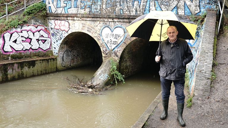 Liberal Democrat leader Sir Ed Davey by the Hogsmill River in Berrylands.
Pic: PA
