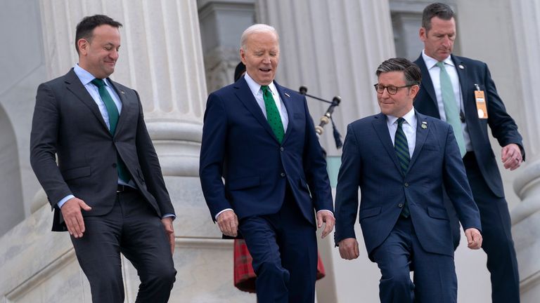 From left, Irish Prime Minister Leo Varadkar, President Joe Biden, and Speaker of the House Mike Johnson, R-La., walk down the steps following the annual St. Patrick&#39;s Day gathering at the U. S. Capitol in Washington, Friday, March 15, 2024. (AP Photo/Jose Luis Magana)