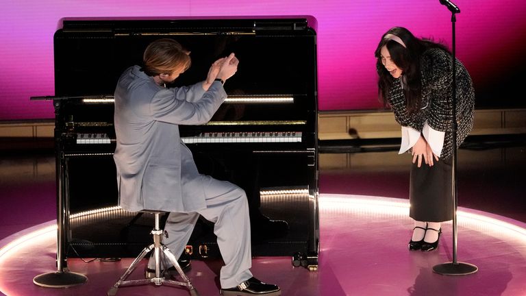 (L-R) Finneas and Billie Eilish performing What Was I Made For? Pic: AP