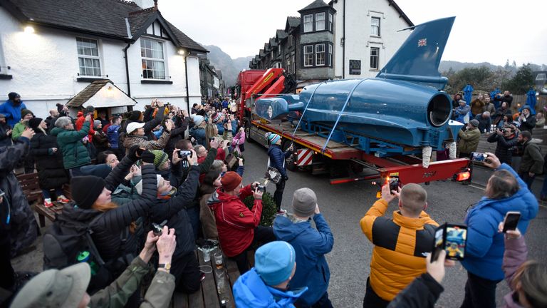 Bluebird K7 surrounded by crowds at Coniston. Pic: Asadour Guzelian