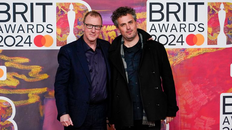 Dave Rowntree, left, and James Ford pose for photographers upon arrival at the Brit Awards 2024 in London, Saturday, March. 2, 2024. (Photo by Alberto Pezzali/Invision/AP)