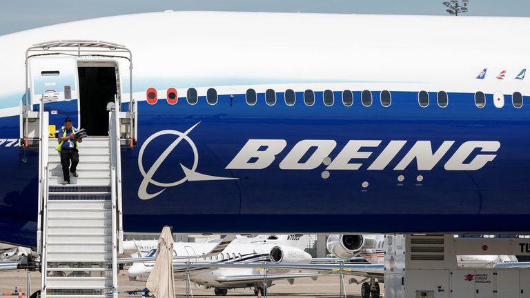 A Boeing logo is seen on a 777-9 aircraft. Pic: Reuters