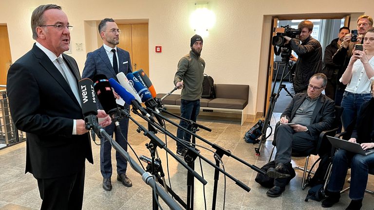 German Defence Minister Boris Pistorius makes statement in Berlin, Germany, March 3, 2024, on apparent eavesdropping of a call, after Moscow said a recording of German officers showed them discussing weapons for Ukraine and a potential strike by Kyiv on a bridge in Crimea. REUTERS/Oliver Denzer