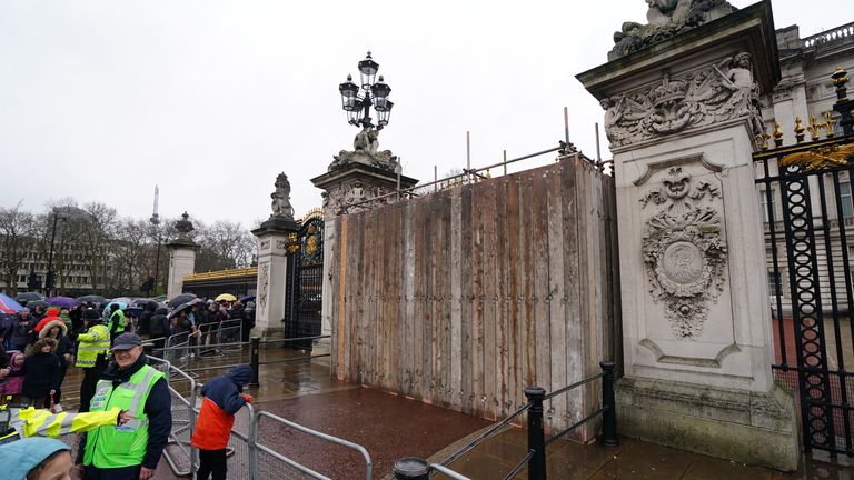 Scaffolding remained in place on Sunday. Pic: Jordan Pettitt/PA Wire
