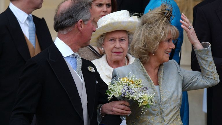 The couple with the late Queen after their blessing in Windsor in April 2005. Pic: PA