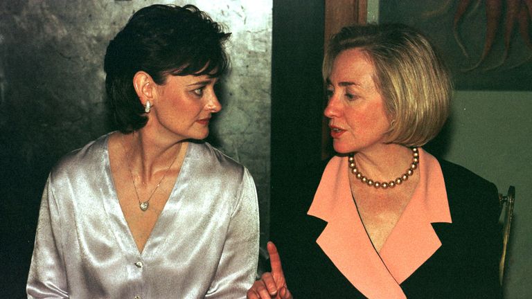 Cherie Blair (L) and Hillary Clinton talk at a dinner attended by leaders wives at the Left Bank restaurant, Birmingham May 15. [Leaders of the Group of Eight are attending a working dinner tonight hosted by British Prime minister Blair at the Birmingham Museum and Art Gallery.]