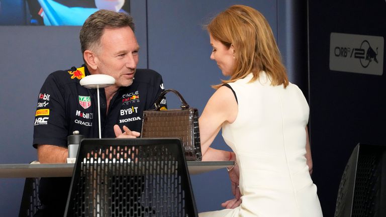 Red Bull team principal Christian Horner speaks with his wife Geri ahead of the F1 Bahrain Grand Prix. Pic: AP