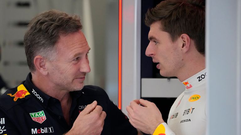 Christian Horner talks to Red Bull driver Max Verstappen ahead of the Saudi Arabia Grand Prix. Pic: AP