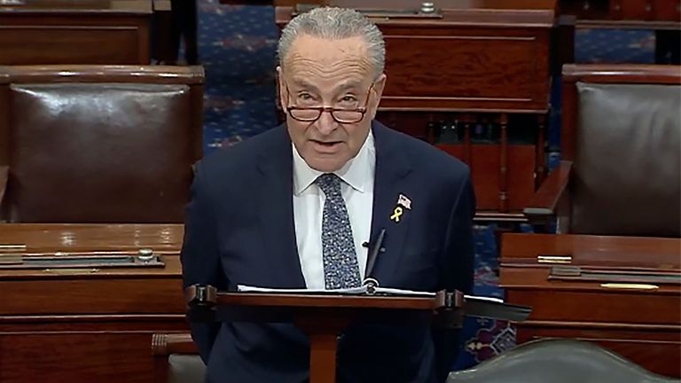 Chuck Schumer, D-N.Y., speaks on the Senate floor at the Capitol in Washington, March 14, 2024. Pic: Senate TV via AP