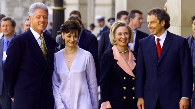 U.S. President Bill Clinton (L) and first lady Hillary Clinton pose with British Prime Minister Tony Blair (R) and his wife Cherie after arriving at Council House for the opening dinner at the G-8 Summit May 15. GMH/CLH/