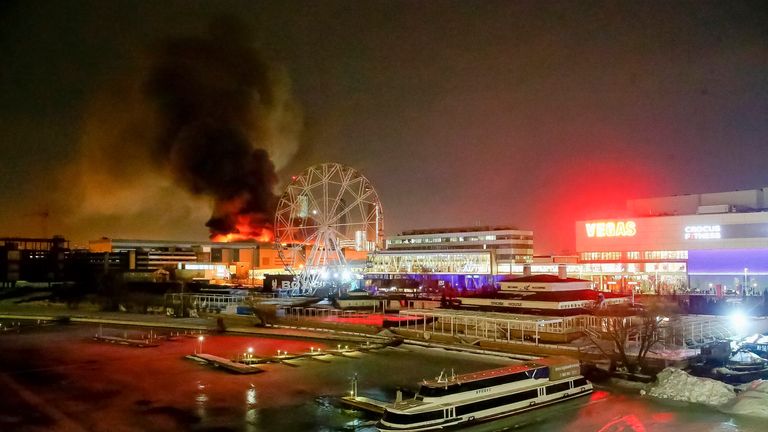 A massive blaze is seen at the Crocus City Hall. Pic: AP