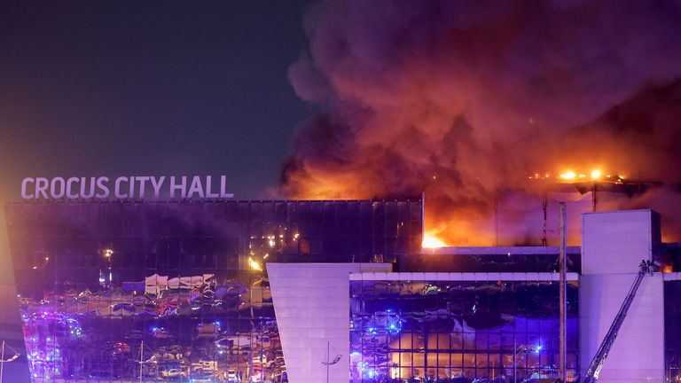 Crocus City Hall goes up in flames on Friday. Pic: Reuters