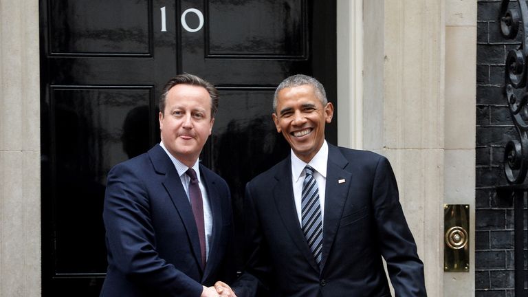 British Prime Minister David Cameron (left) welcomes U.S. President Barack Obama to Downing Street in London ahead of a bilateral meeting. Press Association photo. Image date: Friday, April 22, 2016. See PA coverage of 
