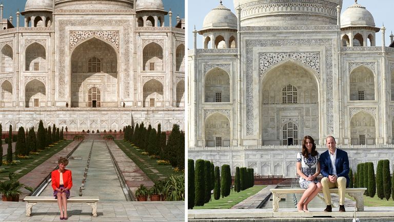 Diana&#39;s famous photo outside the Taj Mahal, with William and Kate at the same spot. Pic: AP