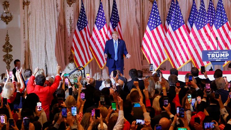 Donald Trump spoke to supporters as the scale of his victory became clear. Pic: Reuters