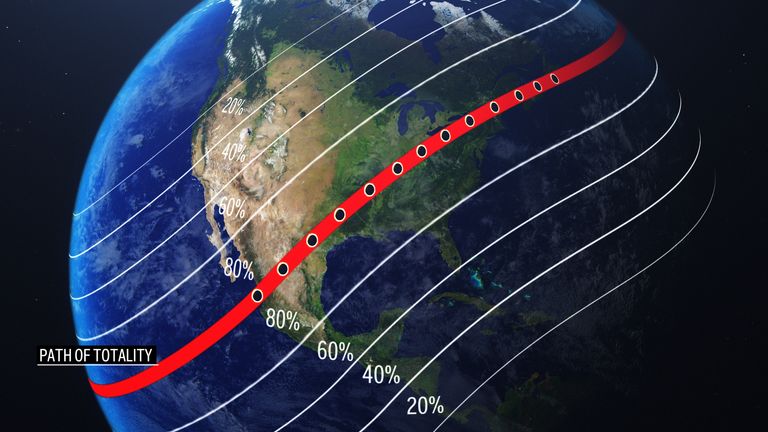 A graphic showing the path where the full solar eclipse will be visible. Pic: AP