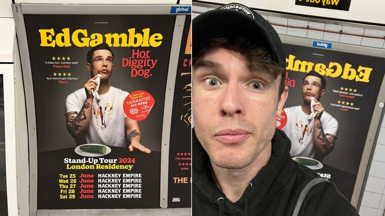 A poster advertising Ed Gamble&#39;s Hot Diggity Dog tour on the Bakerloo line platform at Embankment underground station in London. Comedian Ed Gamble. Pics: PA and Instagram/EdGambleComedy