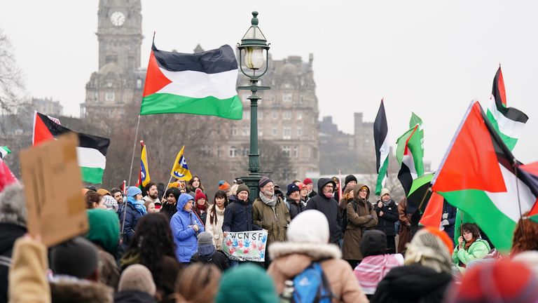 Protesters during a pro-Palestine rally in Edinburgh organised by the Scottish Palestine Solidarity Campaign, calling for a ceasefire in the conflict between Israel and Hamas. Picture date: Saturday March 9, 2024.