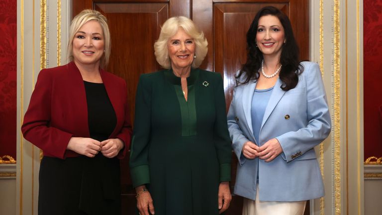Queen Camilla with First Minister Michelle O&#39;Neill Deputy First Minister Emma Little-Pengelly. 
Pic: PA
