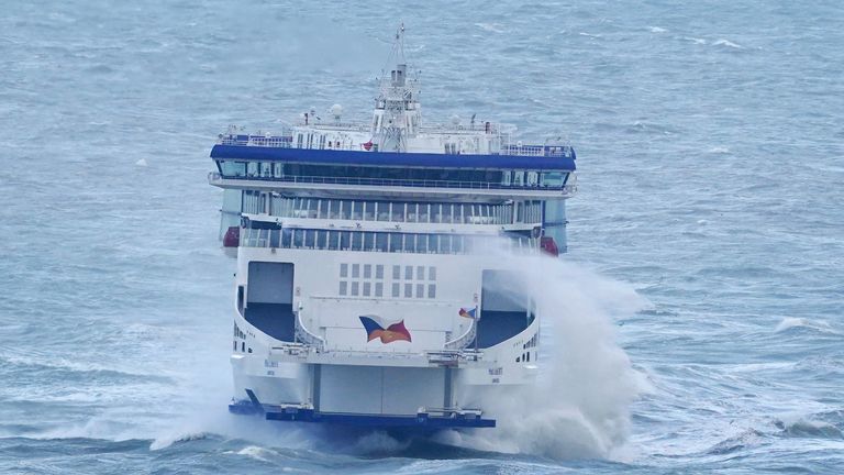 A ferry arrives at the Port of Dover in Kent during rough seas. Pic: PA