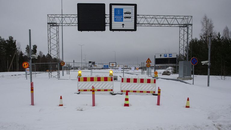 Barriers are placed at the closed Vaalimaa border check point between Finland and Russia in Virolahti, Finland, January 14, 2024. Finland, which shut all eight checkpoints along its eastern frontier with Russia again in December 2023 amid suspicions that Russian authorities were deliberately funneling undocumented asylum seekers to Finnish crossings, decided on January 11 that the border with Russia will remain closed until February 11. Lehtikuva/Lauri Heino/via REUTERS ATTENTION EDITORS - THIS 