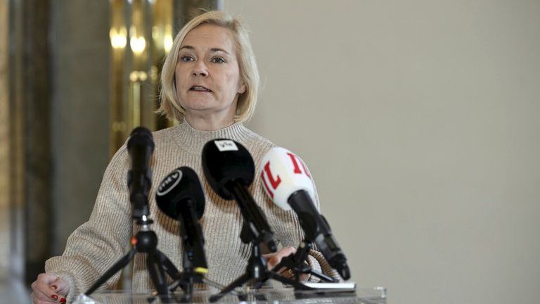 Finnish Interior Minister Mari Rantanen speaks during a press conference about the situation at Finland&#39;s eastern border stations, in Helsinki, Finland, on February 8, 2024. The Interior Ministry announced that Finland will continue the closure of the border with Russia until April 14, 2024. Lehtikuva/Heikki Saukkomaa/via REUTERS ATTENTION EDITORS - THIS IMAGE WAS PROVIDED BY A THIRD PARTY. NO THIRD PARTY SALES. NOT FOR USE BY REUTERS THIRD PARTY DISTRIBUTORS. FINLAND OUT. NO COMMERCIAL OR EDITO