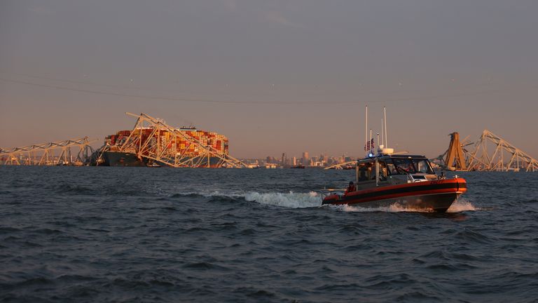 Pic: Reuters
Coast guard vessel secures the perimeter, at the scene of the Francis Scott Key Bridge collapse in Baltimore, Maryland, U.S., March 26, 2024. REUTERS/Julia Nikhinson