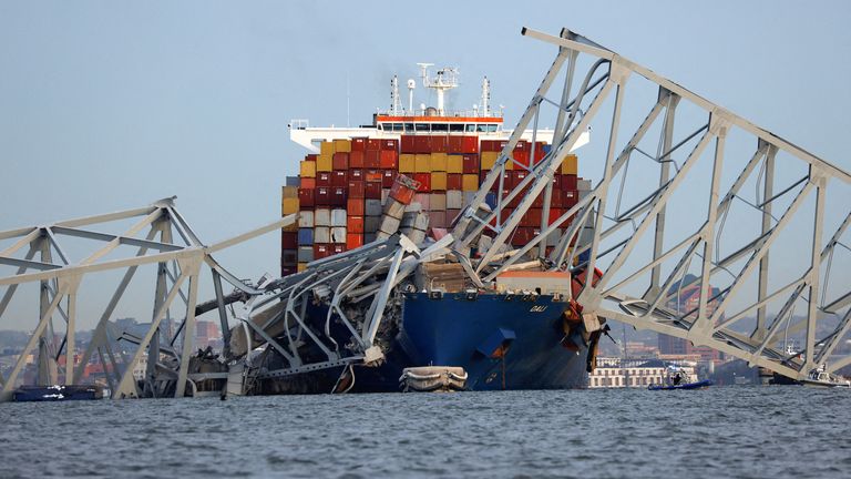 A view of the Dali cargo vessel which crashed into the Francis Scott Key Bridge causing it to collapse in Baltimore. Pic: Reuters  