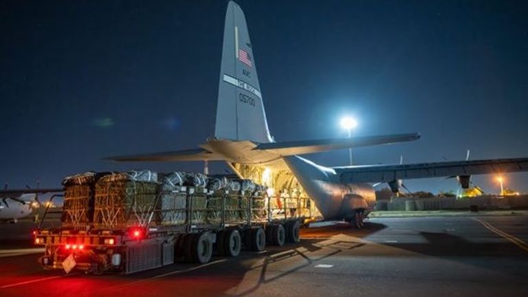 Aid is loaded up before being dropped over Gaza by American jets. Pic: CENTCOM