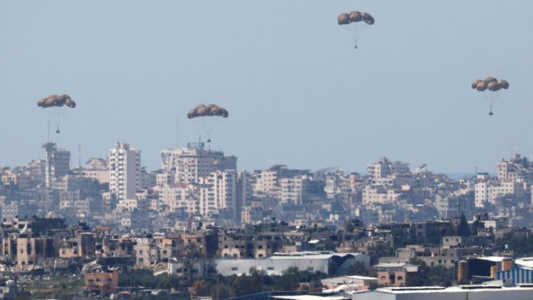 Humanitarian aid has had to be dropped in via the air to make it into the Gaza Strip. Pic: Reuters