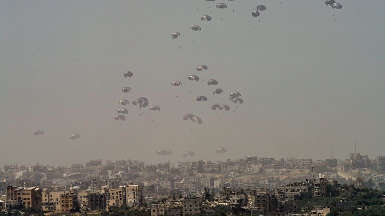 Humanitarian aid airdrops over the northern Gaza Strip. Pic: AP
