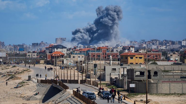 Pic: AP
Smoke rises following an Israeli airstrike in the central Gaza Strip, Friday, March 15, 2024. (AP Photo/Abdel Kareem Hana)